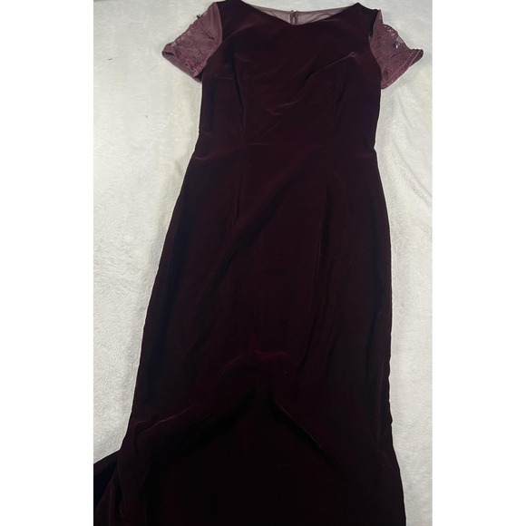 Maggy London Dress Womens 6 Burgundy Velvet Mesh Embroidered Evening Gown Maxi - Picture 3 of 14